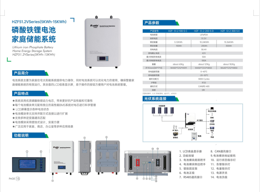 磷酸鐵鋰電池家庭儲(chǔ)能系統(tǒng) HZF51.2vseries(5kwh-15kwh)