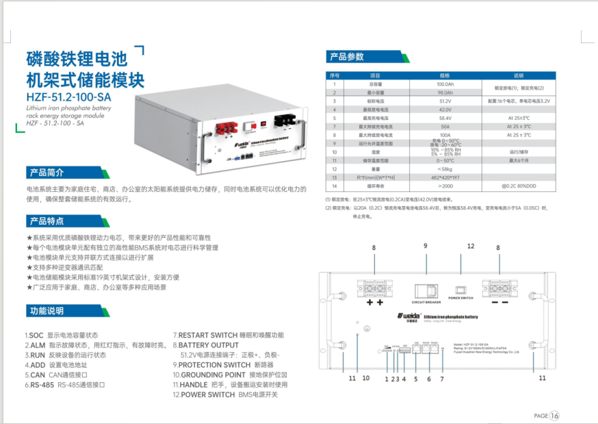 磷酸鐵鋰電池機(jī)架式儲(chǔ)能模塊 HZF-51.2-100-SA